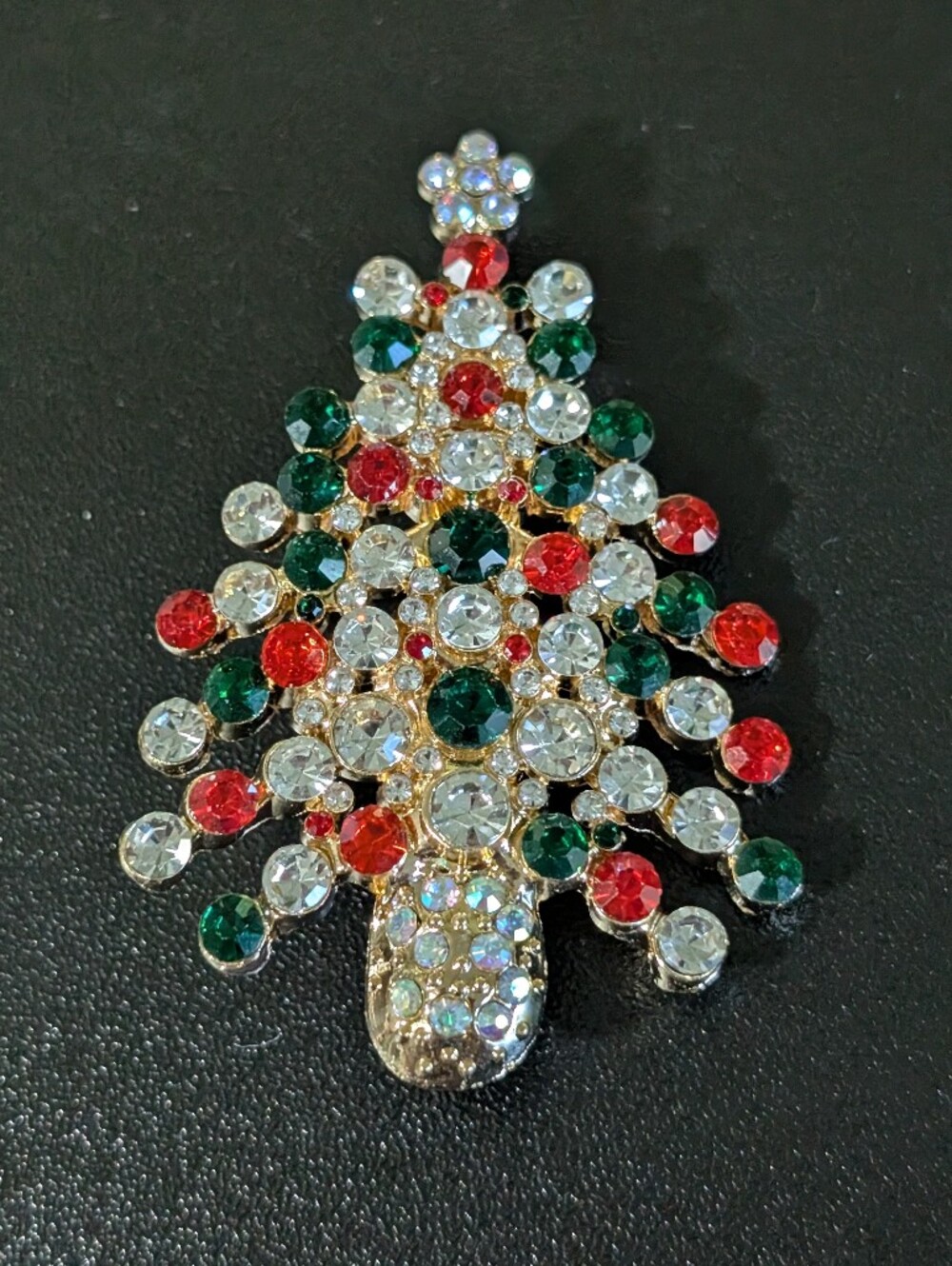 Festive Crystal Christmas Tree Brooch - Gold Tone, Red & Green